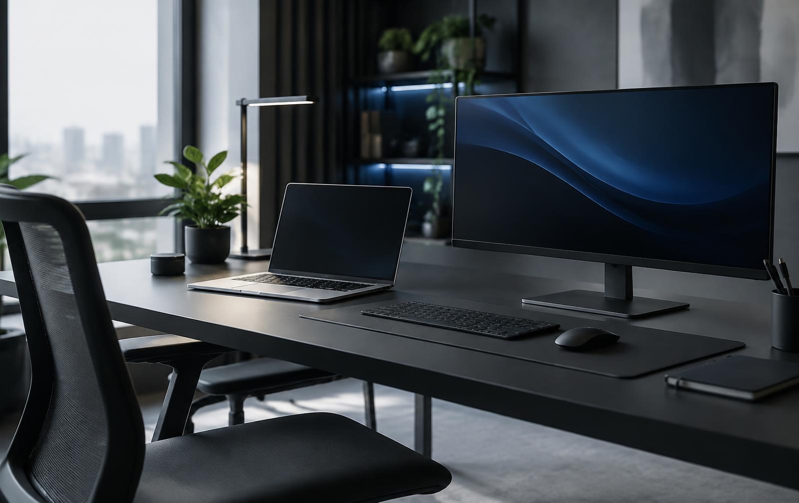 Business laptop and widescreen monitor on a tidy office desk