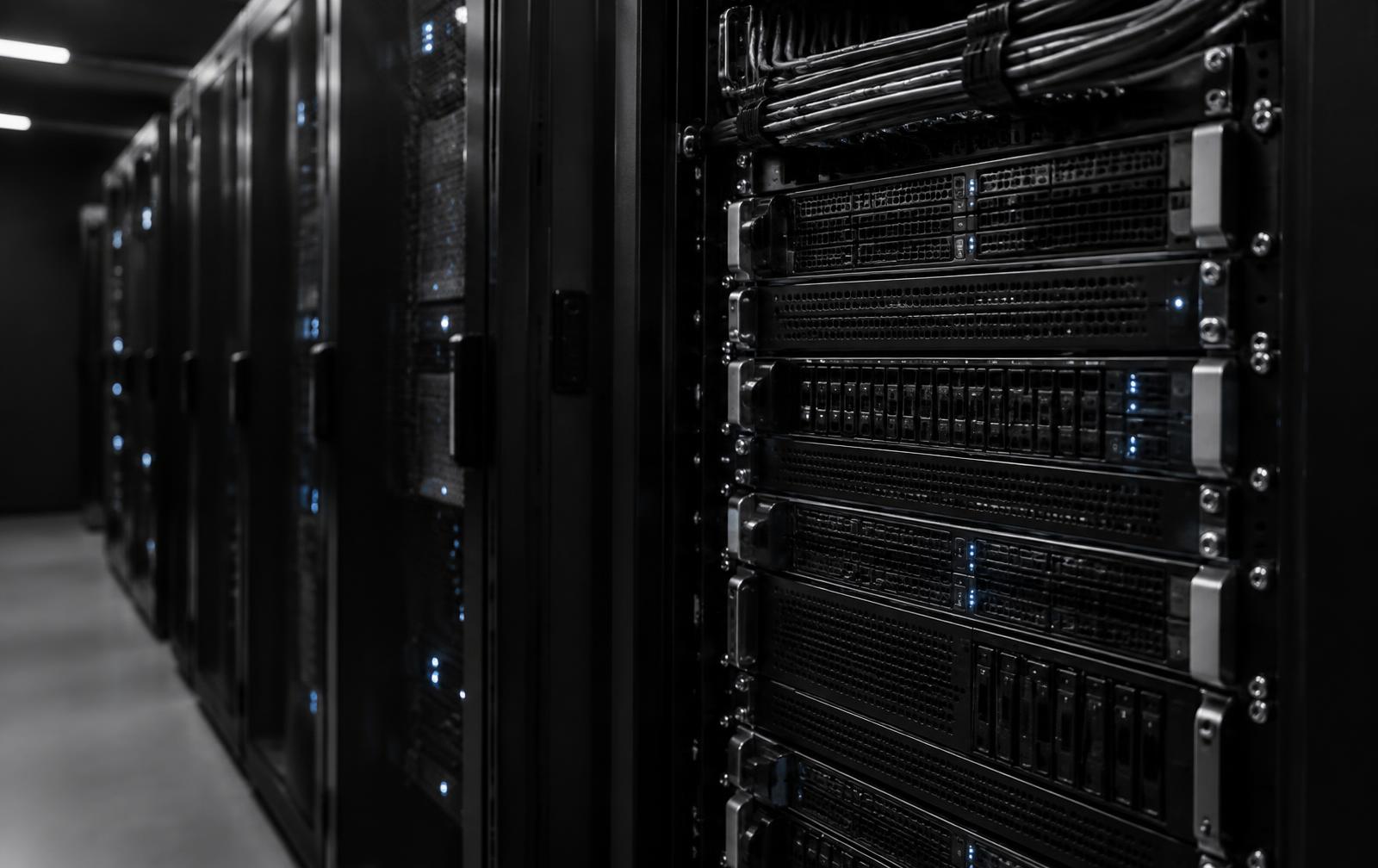 Rack-mounted business servers in a clean server room