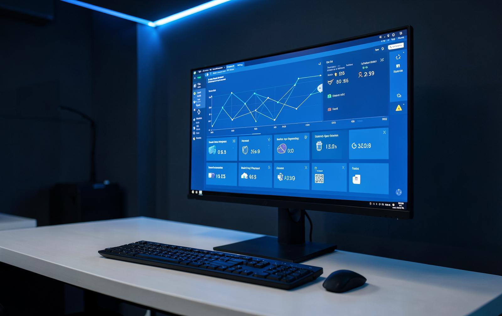 Monitoring dashboard showing device health and alerts on an office workstation