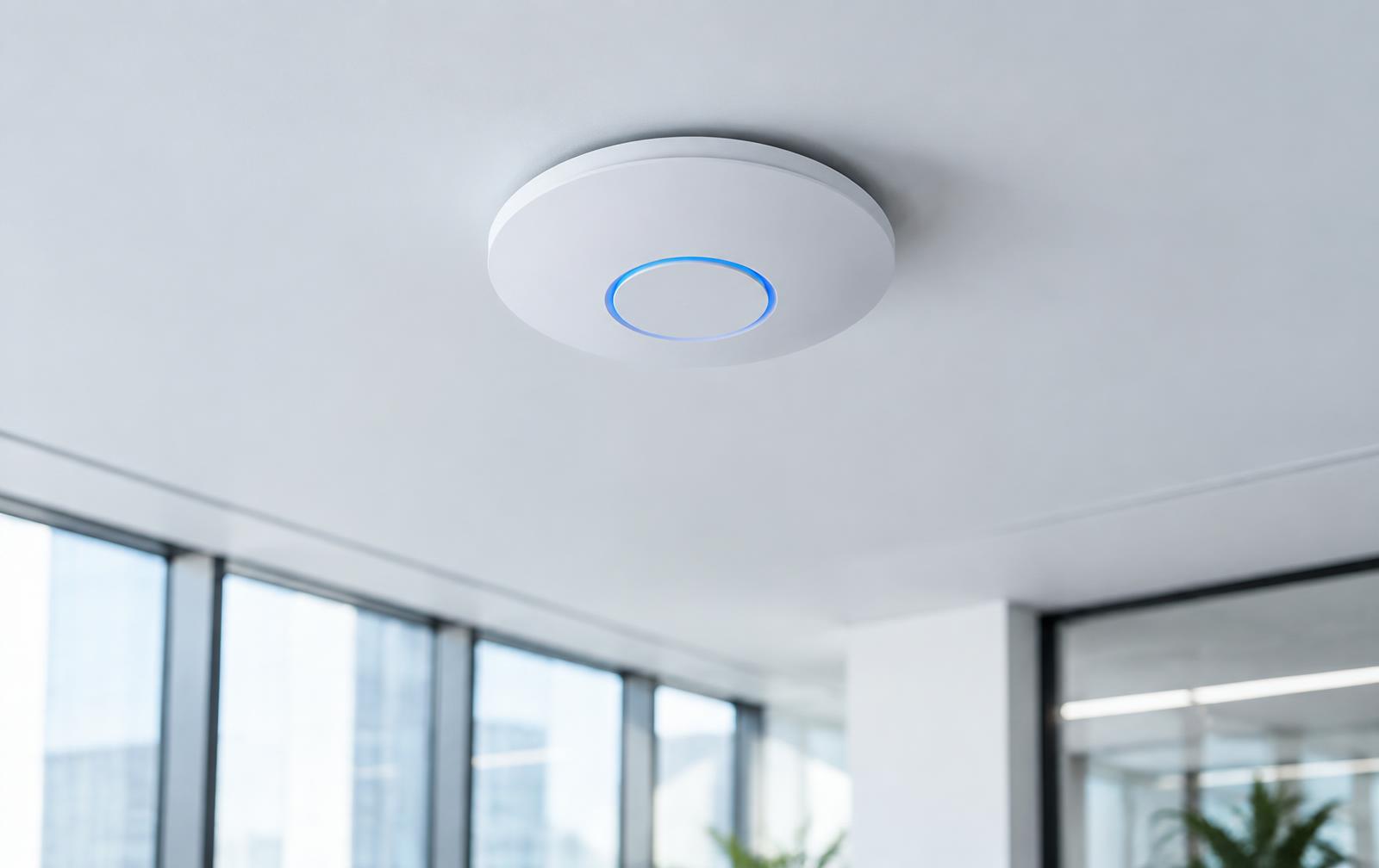 Ceiling-mounted business Wi-Fi access point in a modern office