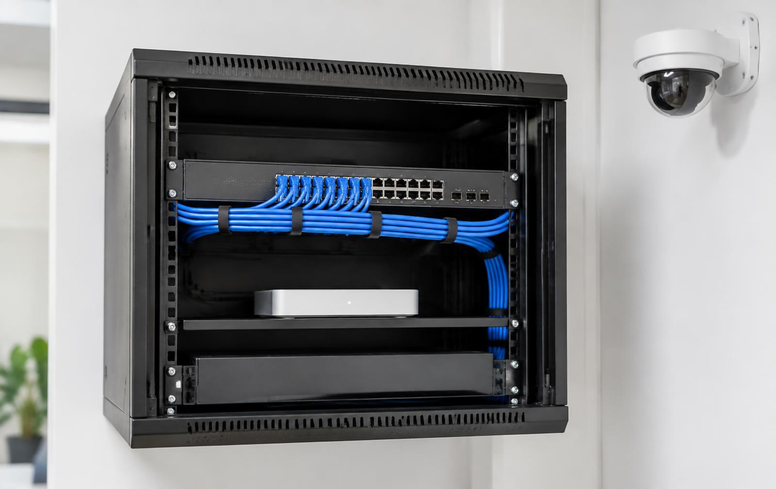 Wall-mounted network cabinet with a managed switch, gateway and neat patch cabling